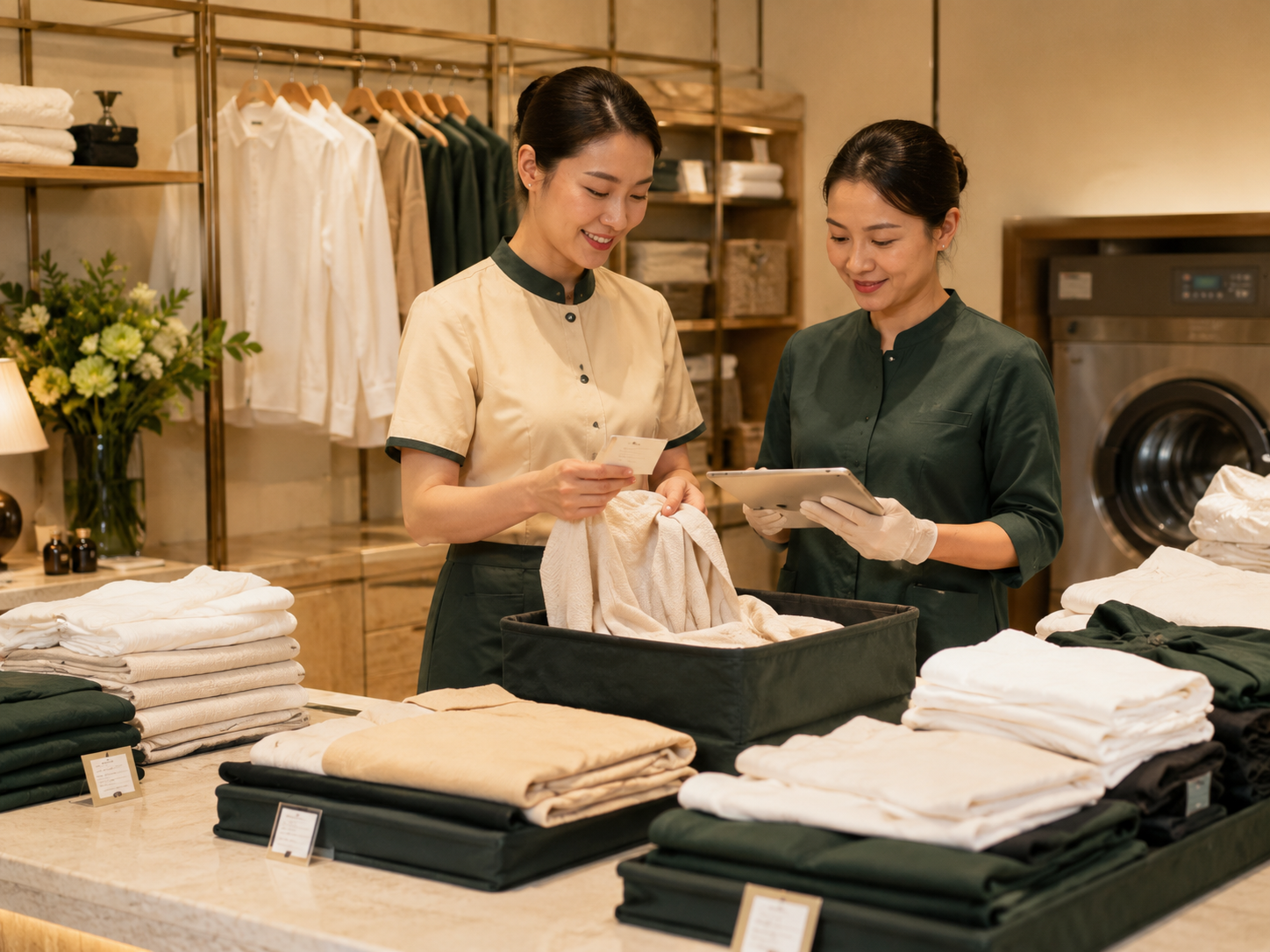 Staff sorting laundry and checking care notes